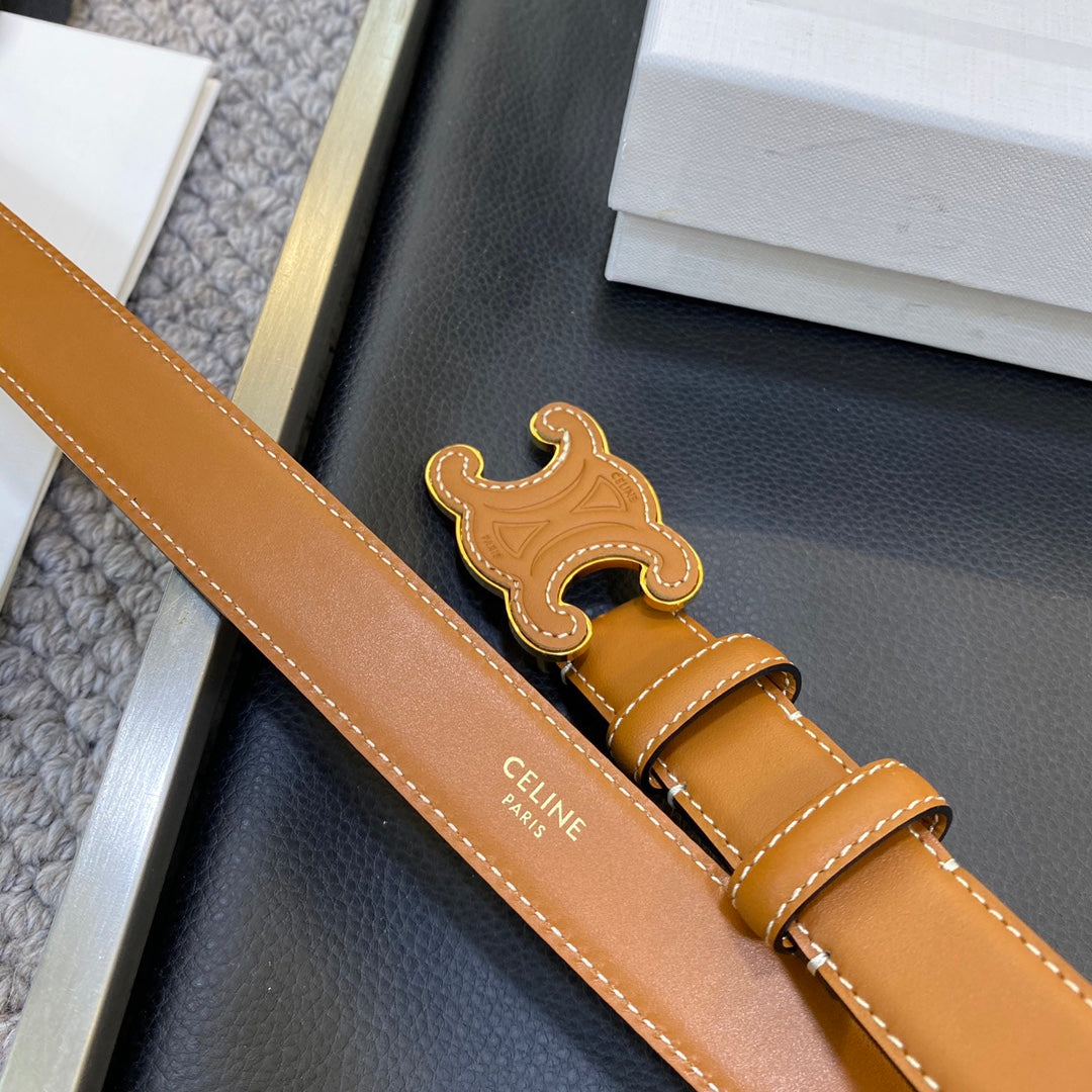TRIOMPHE BELT 25MM IN BROWN CALFSKIN WITH LEATHER-COVERED BUCKLE AND WHITE STITCHING