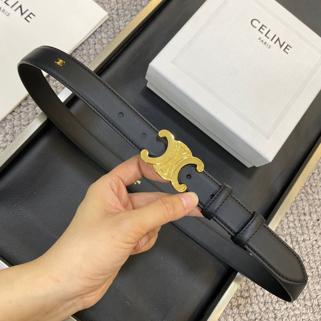 TRIOMPHE BELT 25MM IN BLACK CALFSKIN GOLD BUCKLE GOLD LOGO