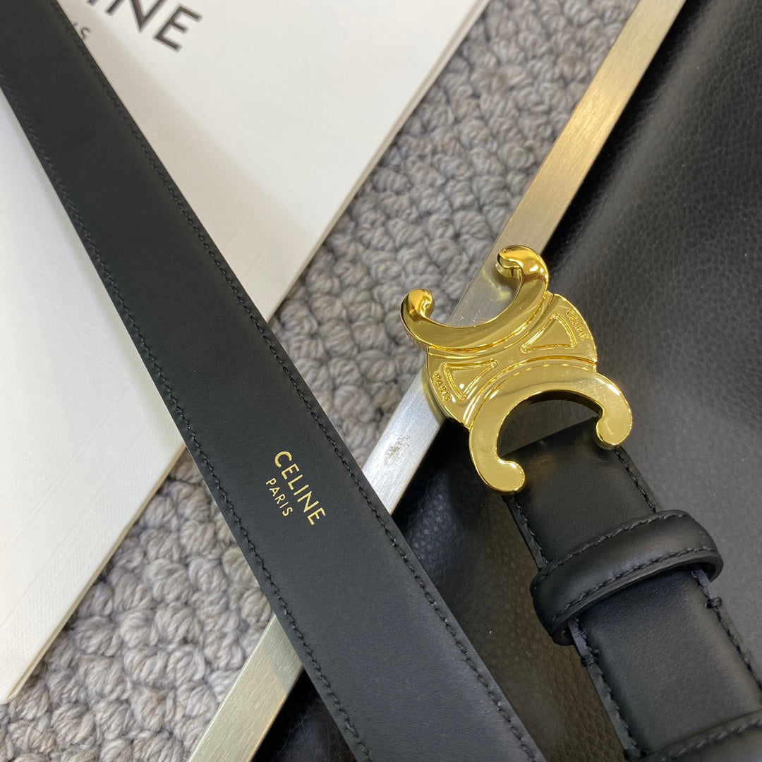 TRIOMPHE BELT 25MM IN BLACK CALFSKIN GOLD BUCKLE GOLD LOGO