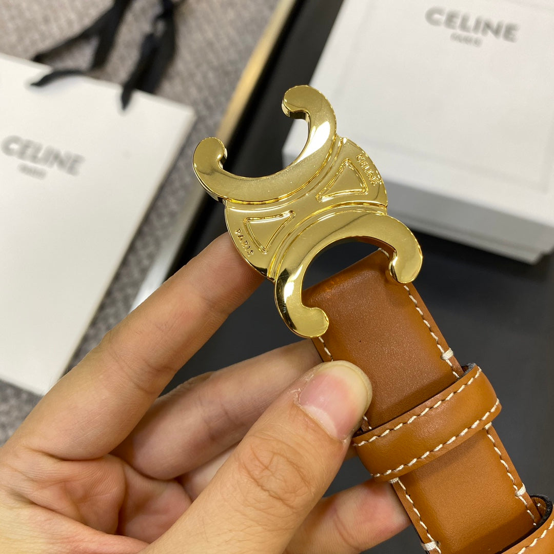 TRIOMPHE BELT 25MM IN BROWN CALFSKIN GOLD BUCKLE GOLD LOGO