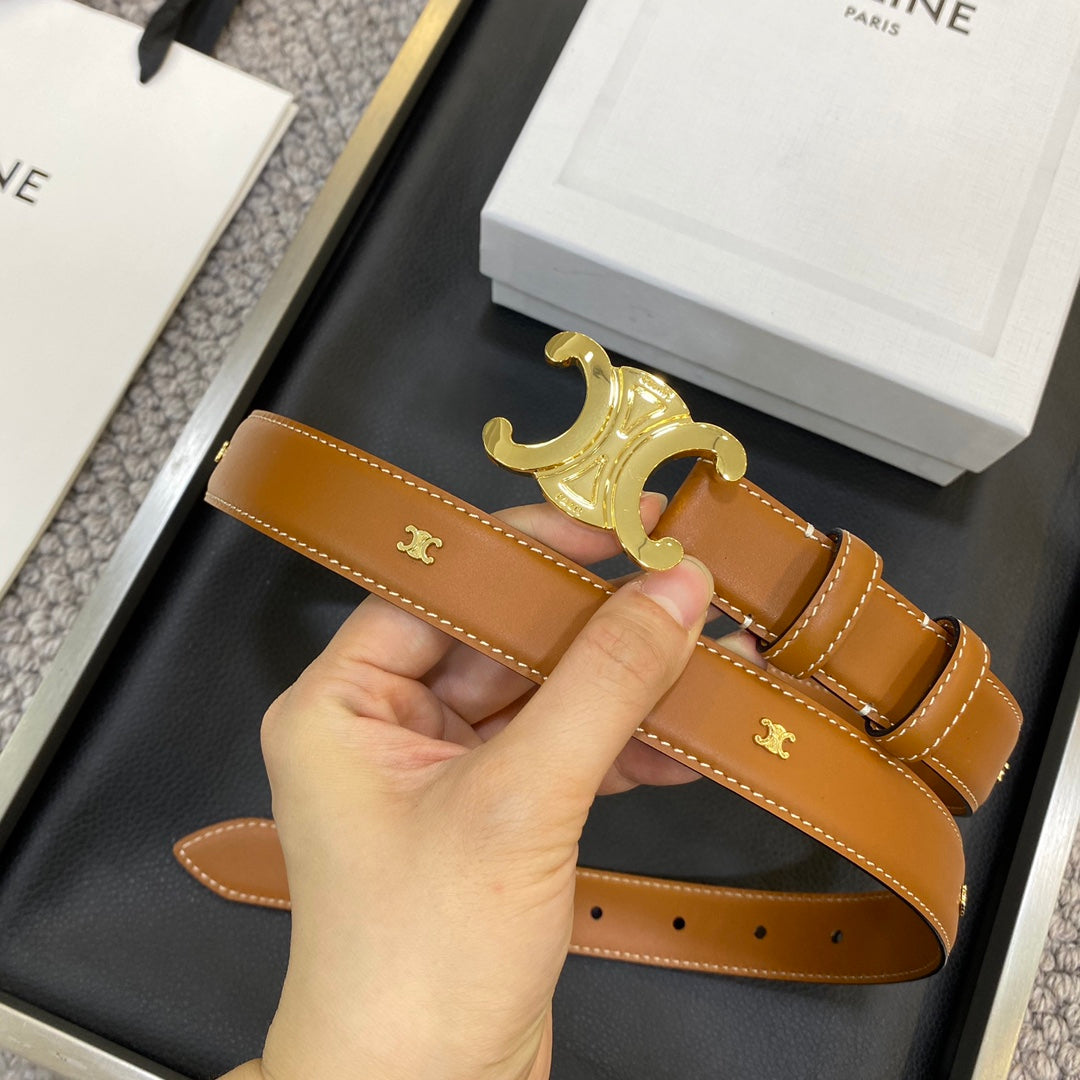 TRIOMPHE BELT 25MM IN BROWN CALFSKIN GOLD BUCKLE GOLD LOGO