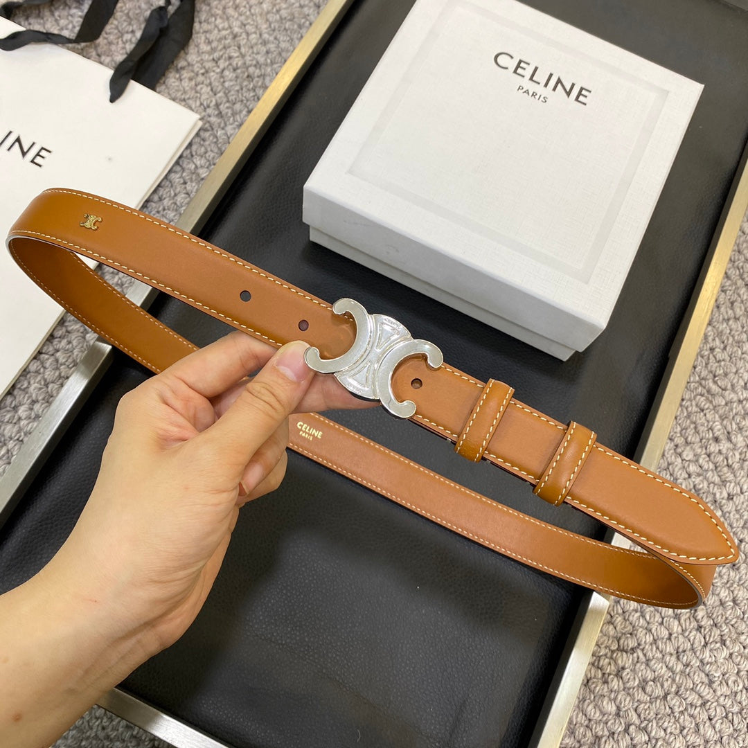 TRIOMPHE BELT 25MM IN BROWN CALFSKIN SILVER BUCKLE GOLD LOGO