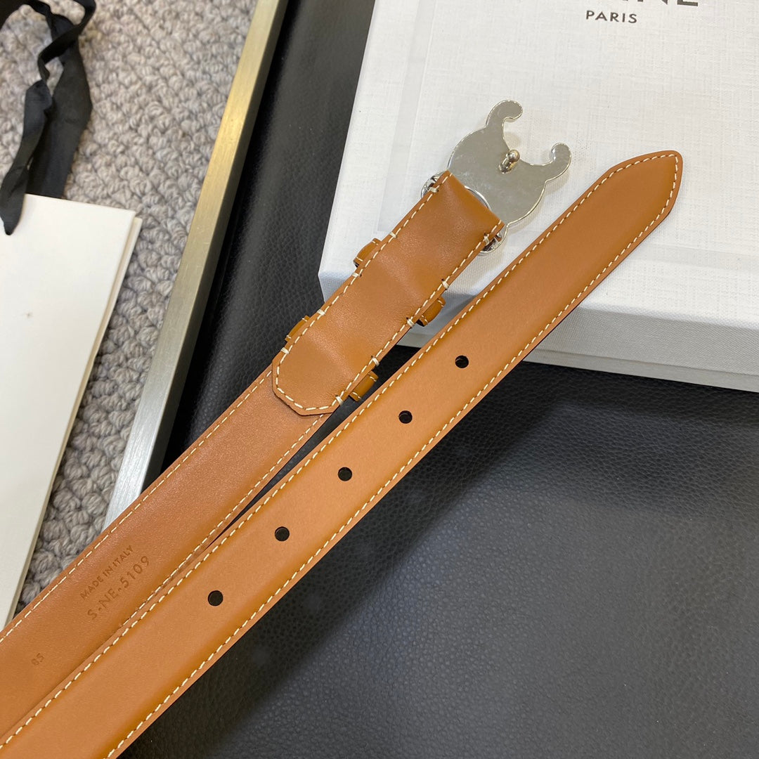 TRIOMPHE BELT 25MM IN BROWN CALFSKIN SILVER BUCKLE GOLD LOGO