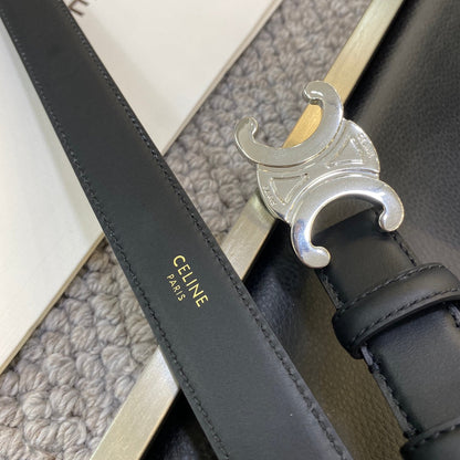 TRIOMPHE BELT 25MM IN BLACK CALFSKIN SILVER BUCKLE GOLD LOGO