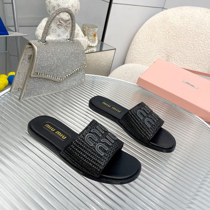 Slippers Black Leather With Sedge Straps