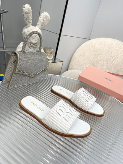 Slippers White Leather With Sedge Straps