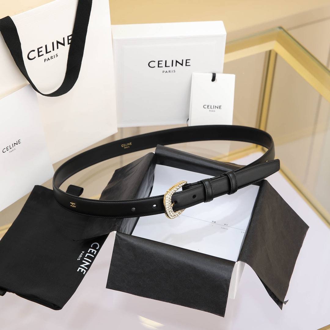 CL MEDIUM 25 MM MARCO BELT WITH STRASS IN BLACK CALFSKIN GOLD HARDWARE