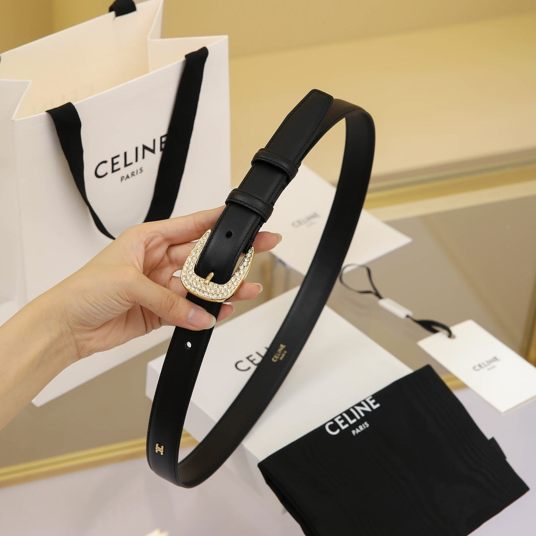 CL MEDIUM 25 MM MARCO BELT WITH STRASS IN BLACK CALFSKIN GOLD HARDWARE