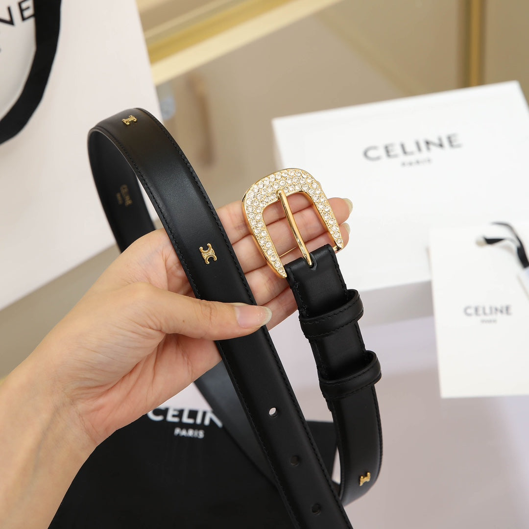 CL MEDIUM 25 MM MARCO BELT WITH STRASS IN BLACK CALFSKIN GOLD HARDWARE