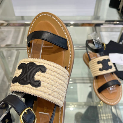 LYMPIAR FLAT STRAP SANDAL IN RAFFIA CALFSKIN BLACK BEIGE