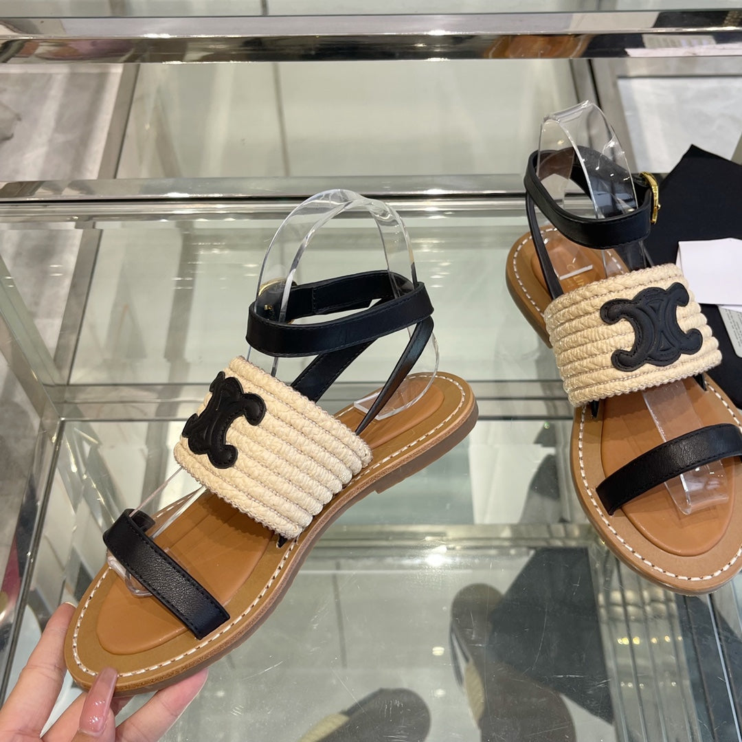 LYMPIAR FLAT STRAP SANDAL IN RAFFIA CALFSKIN BLACK BEIGE