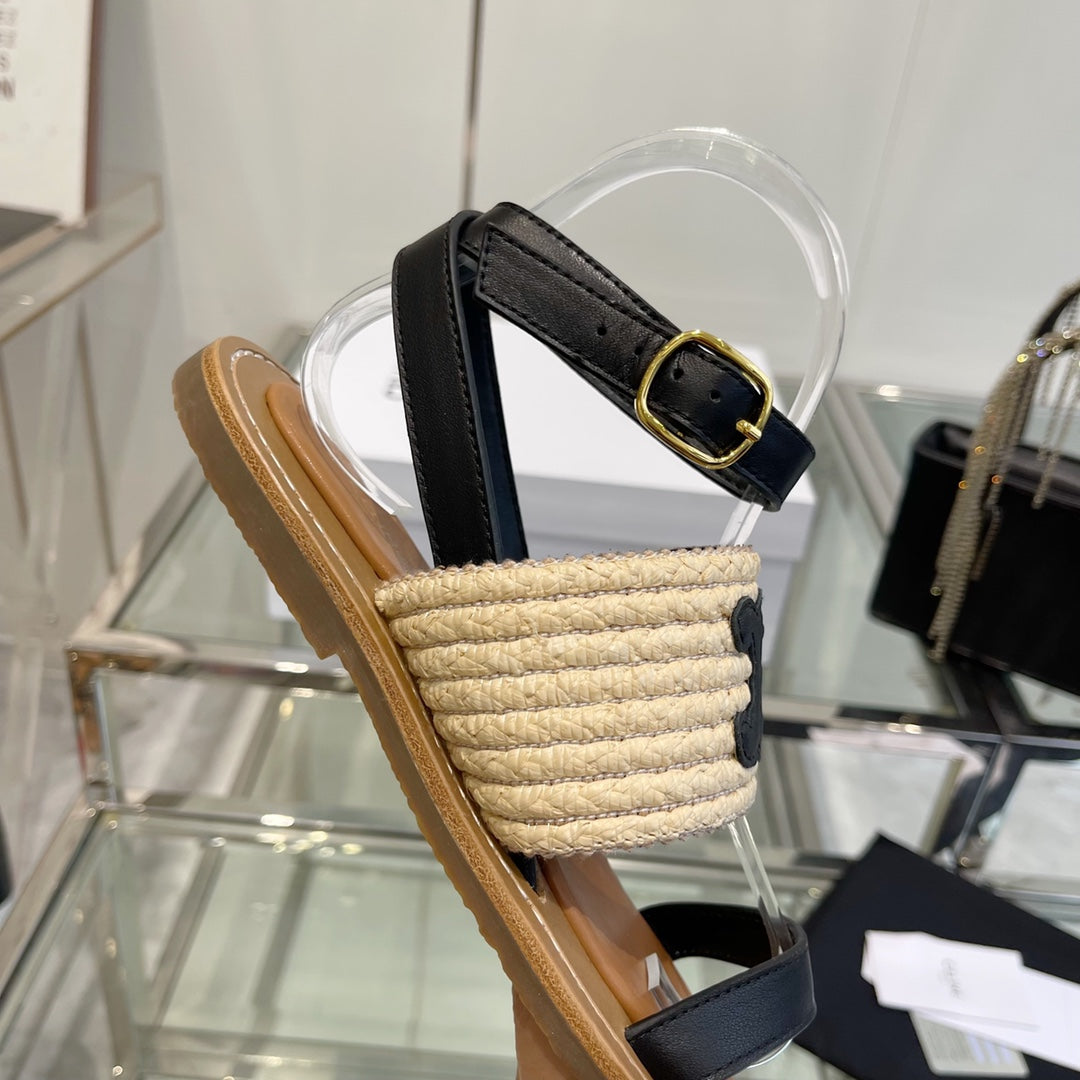 LYMPIAR FLAT STRAP SANDAL IN RAFFIA CALFSKIN BLACK BEIGE