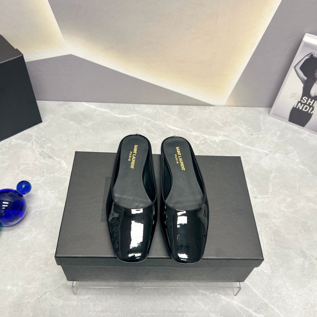 SL SQUARE TOE FLAT MULES BLACK POLISHED CALFSKIN
