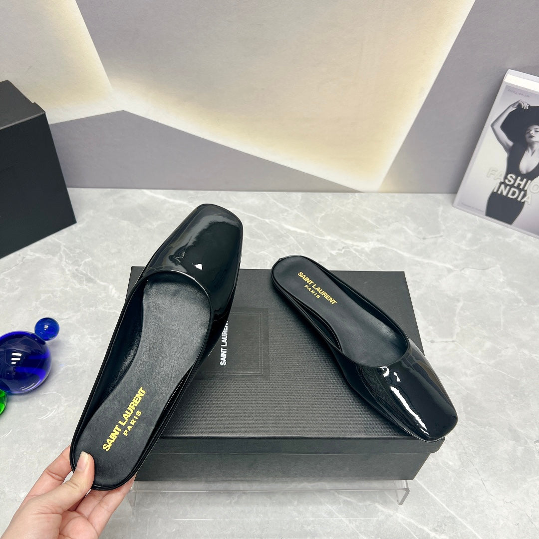 SL SQUARE TOE FLAT MULES BLACK POLISHED CALFSKIN