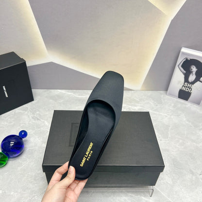 SL SQUARE TOE FLAT MULES BLACK SATIN