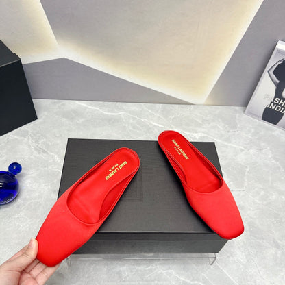 SL SQUARE TOE FLAT MULES RED SATIN