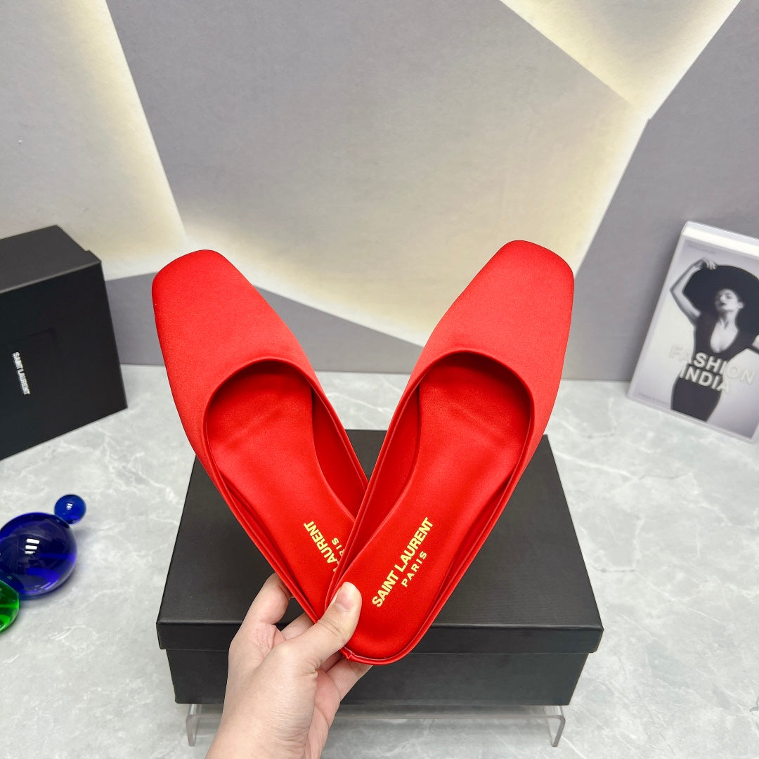 SL SQUARE TOE FLAT MULES RED SATIN