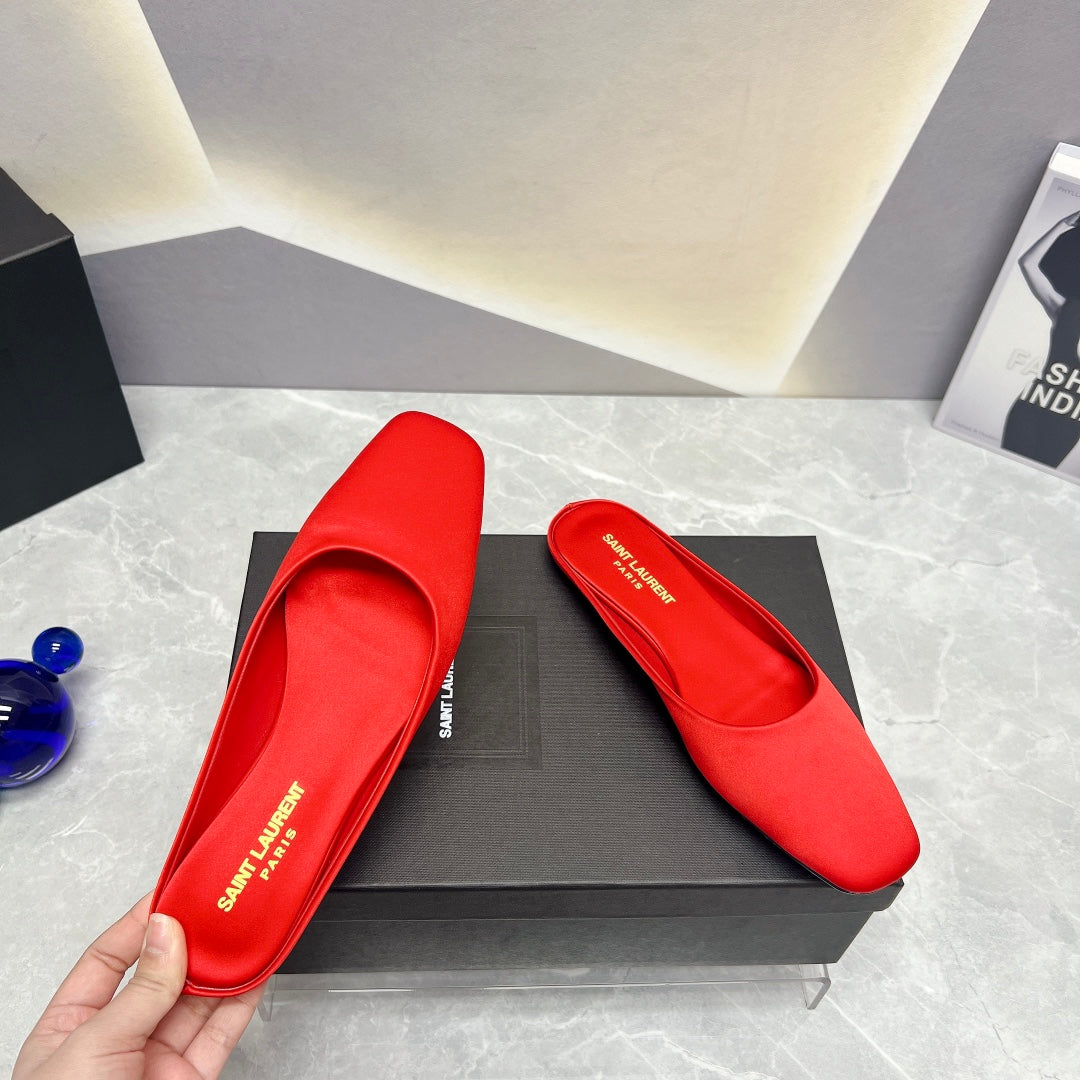 SL SQUARE TOE FLAT MULES RED SATIN