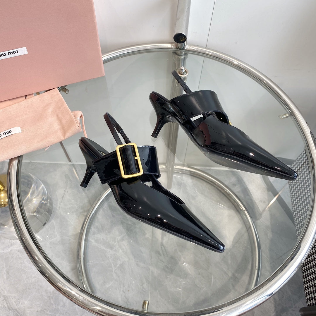 HIGH-SLINGBACK POINTED TOE SANDALS BLACK COWHIDE