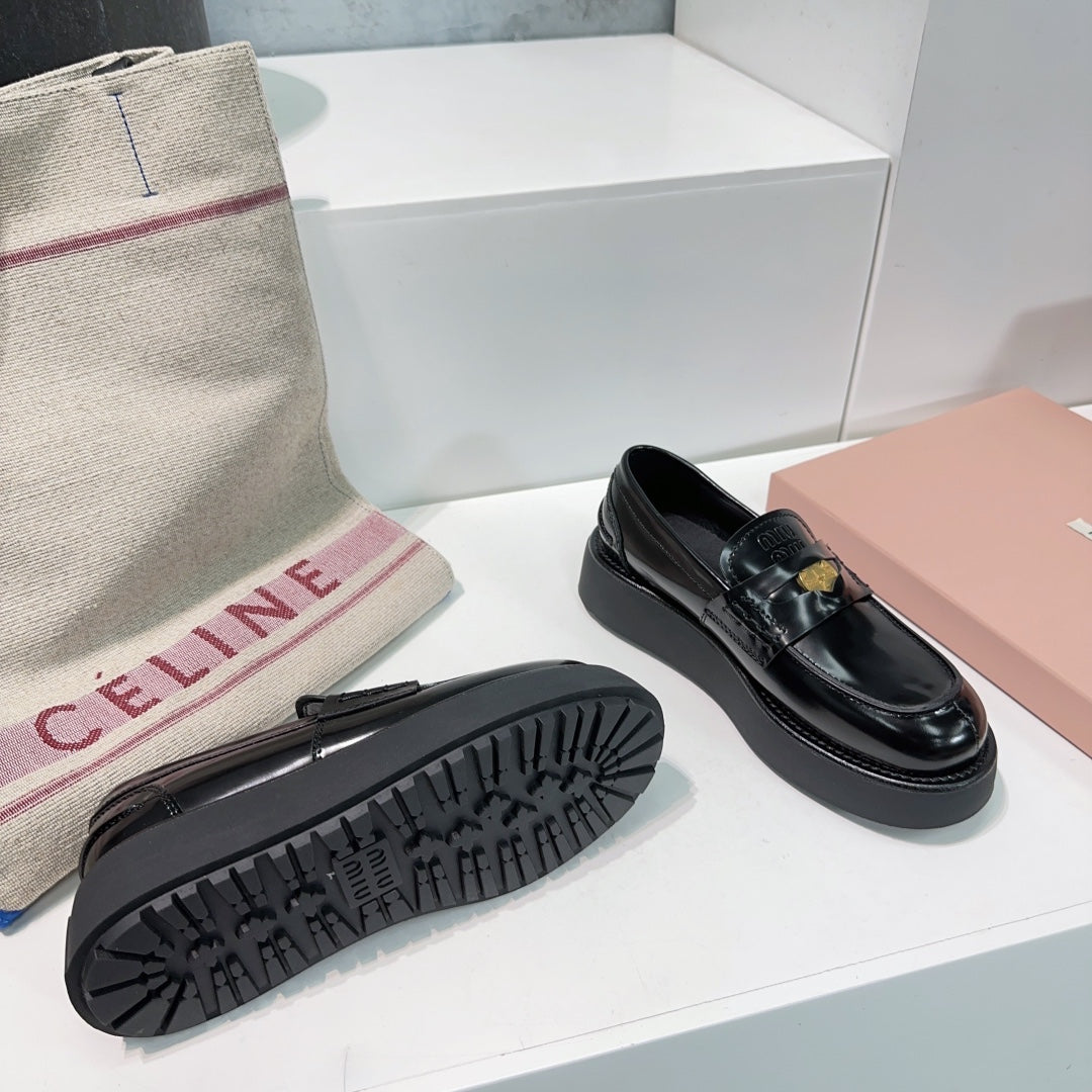 Thick-Soled Loafers Shoes Black Cowhide