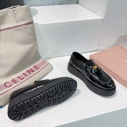Thick-Soled Loafers Shoes Black Cowhide