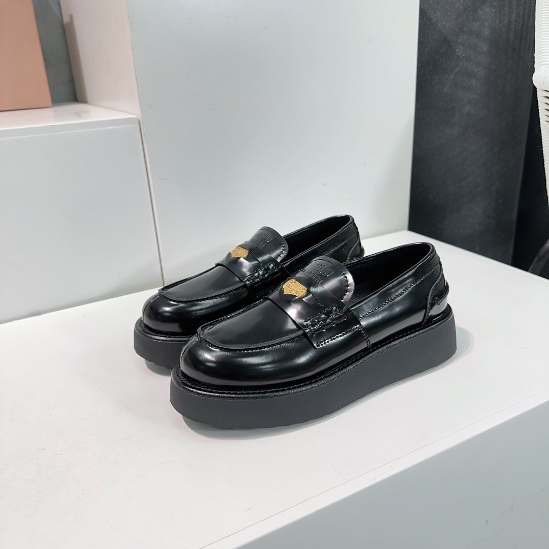 Thick-Soled Loafers Shoes Black Cowhide