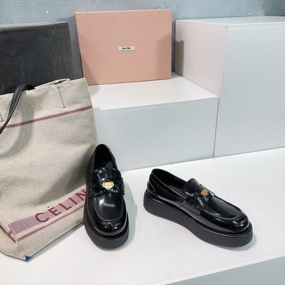 Thick-Soled Loafers Shoes Black Cowhide