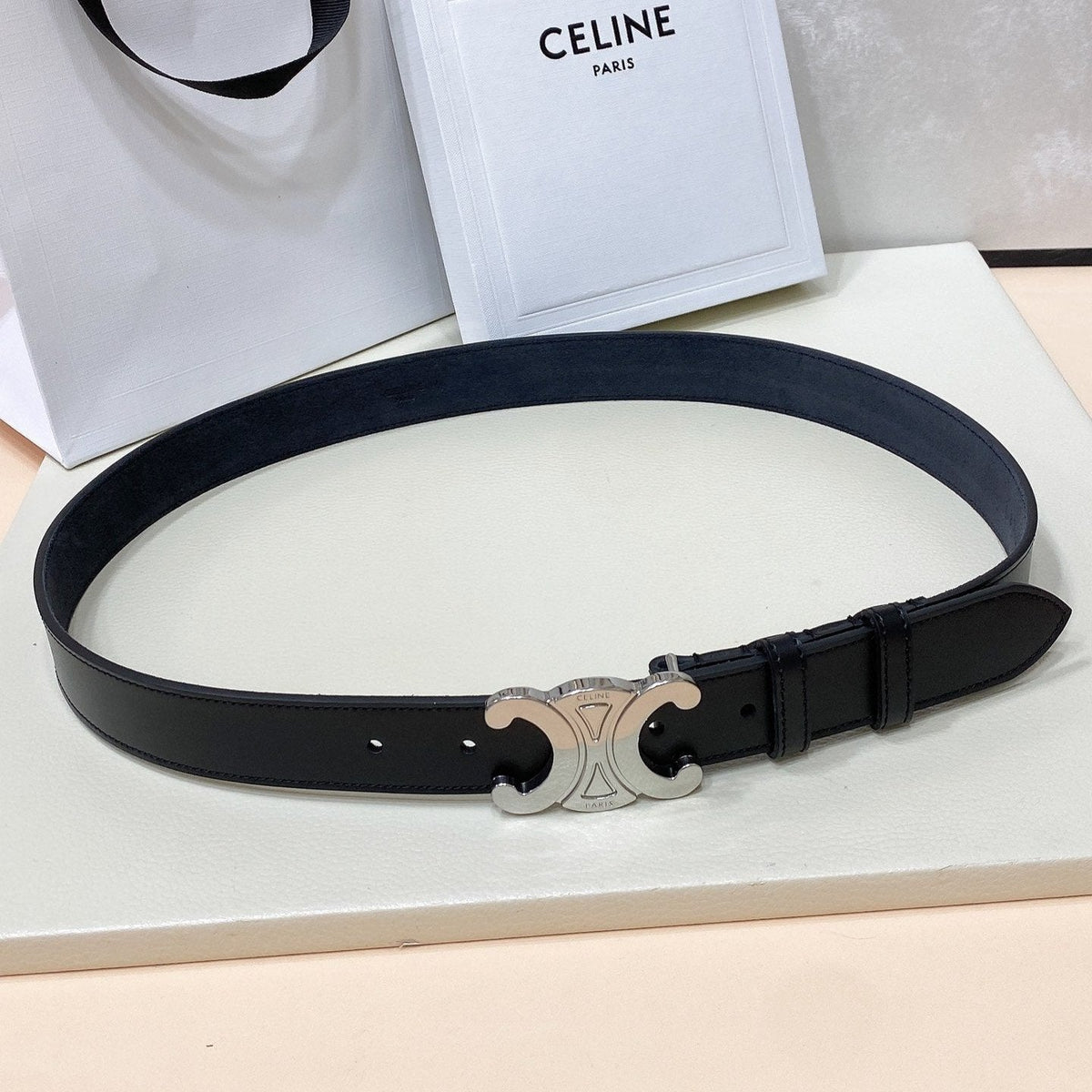 CL LARGE 30 MM TRIOMPHE BELT IN BLACK AND SILVER HARDWARE