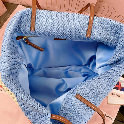TOTE BAG 40 IN STRIPED PATTERN OF LIGHT BLUE ORANGE AND CREAM WHITE WOVEN RAFFIA