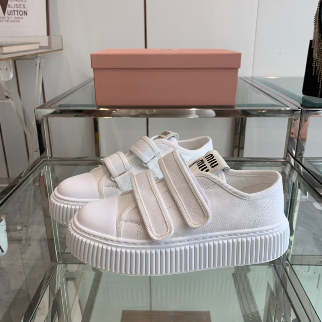 Thick-Soled Denim Sneakers White