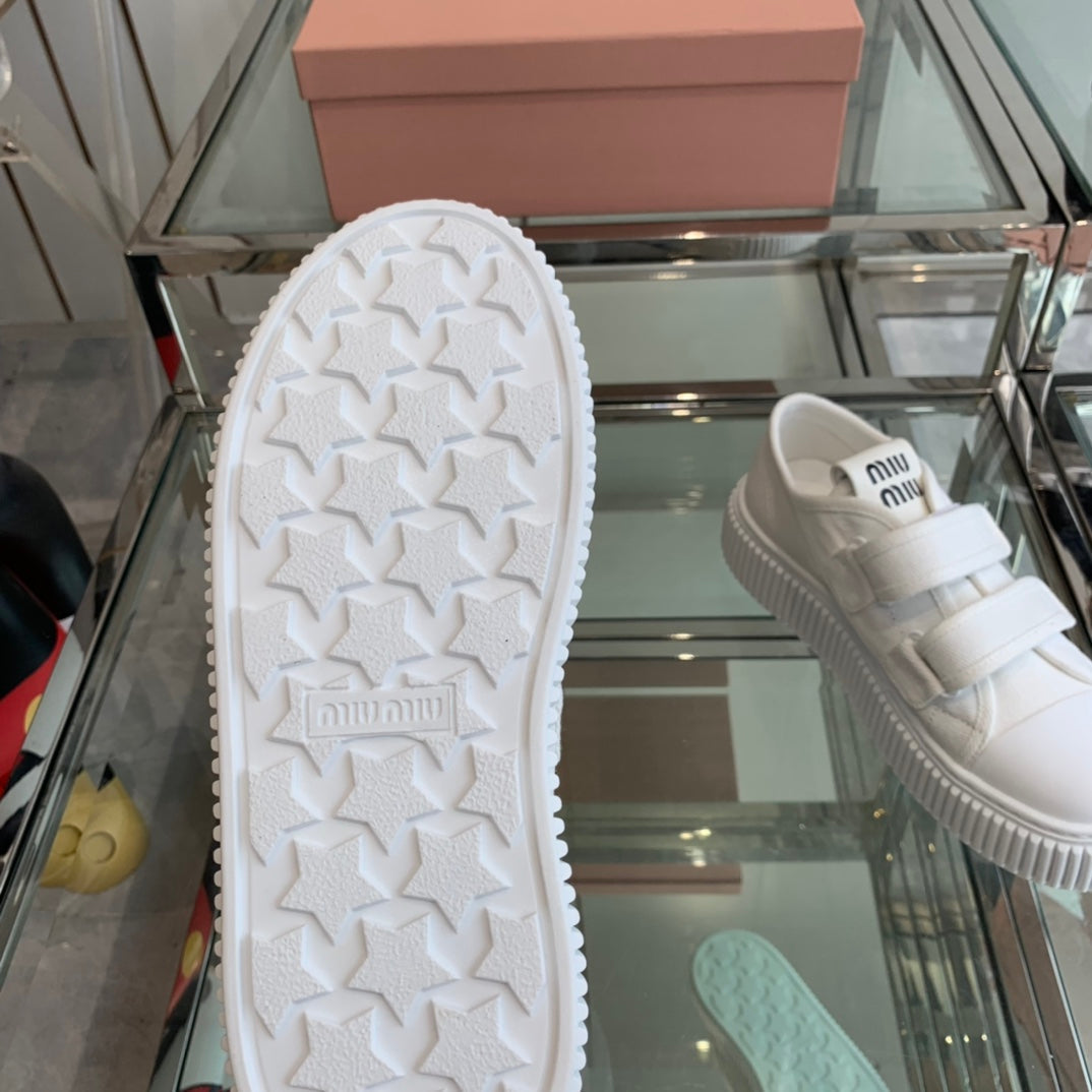 Thick-Soled Denim Sneakers White