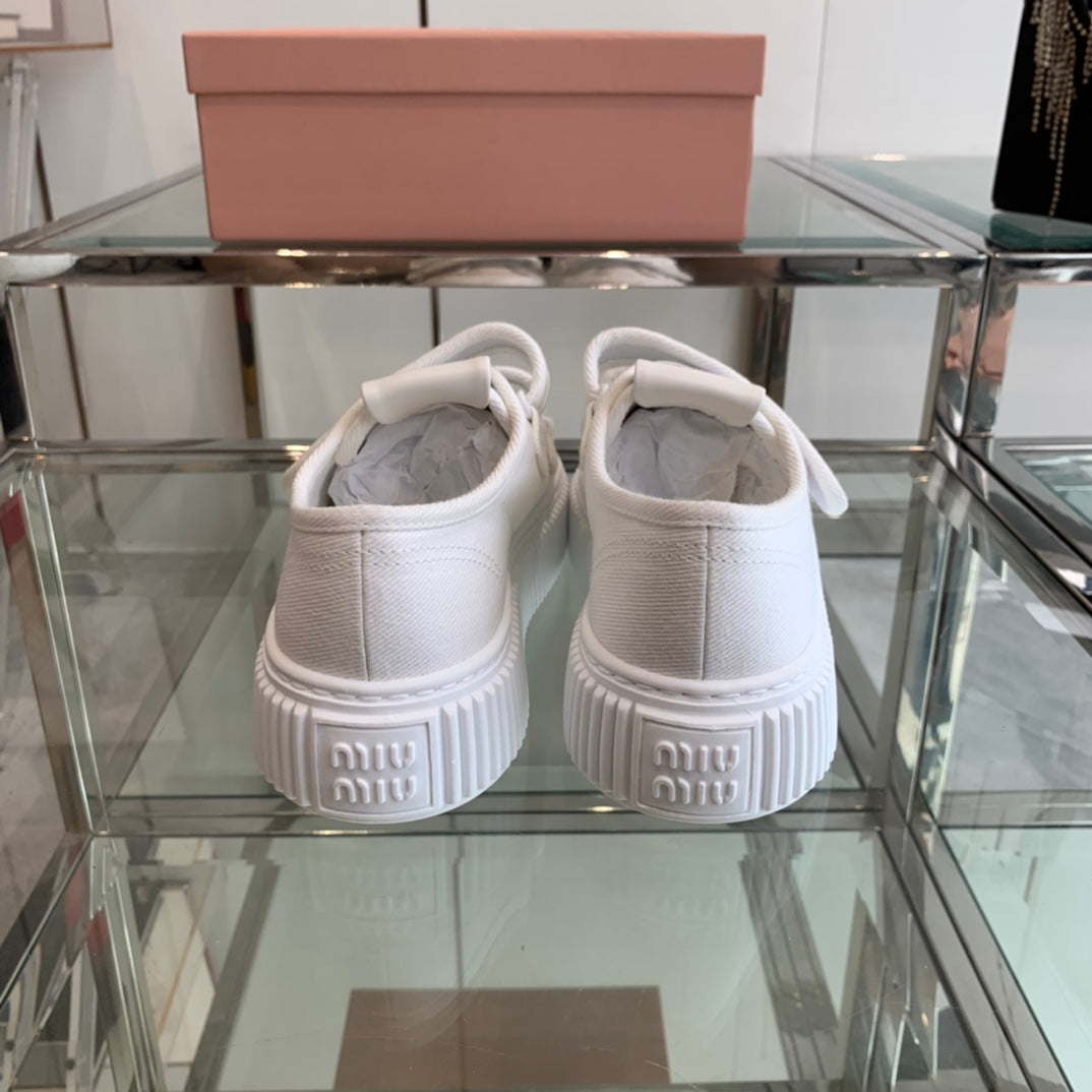 Thick-Soled Denim Sneakers White