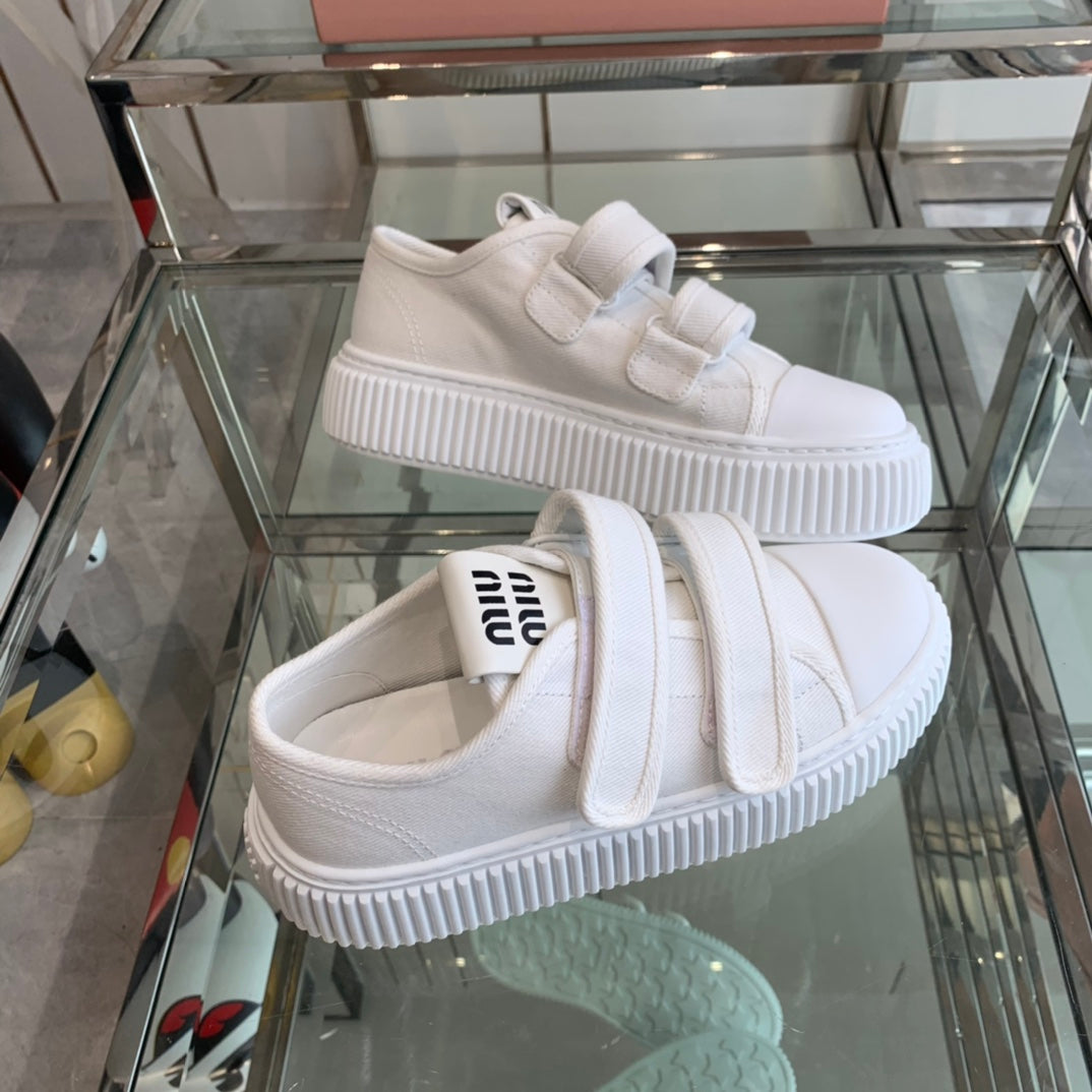 Thick-Soled Denim Sneakers White
