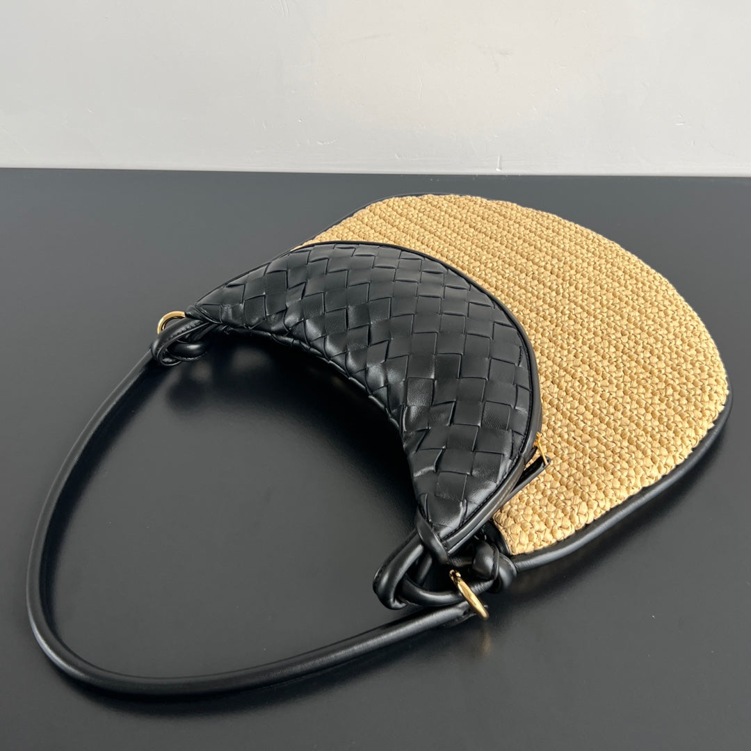 GEMELLI SHOULDER BAG 36 IN BEIGE RAFFIA AND BLACK LAMBSKIN