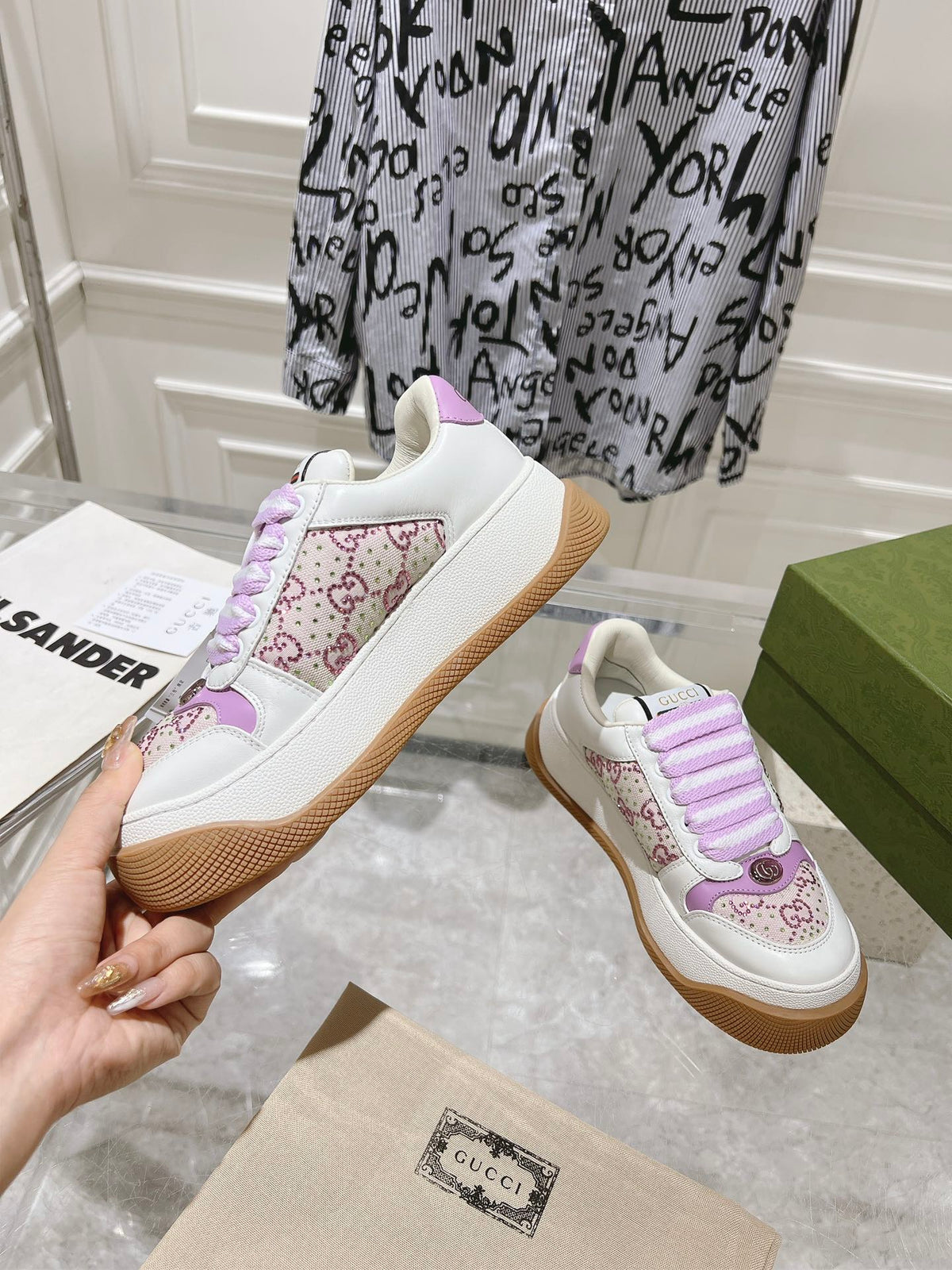 GG SCREENER 50 SNEAKER WHITE AND PURPLE CALFSKIN