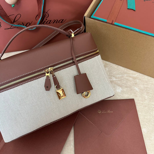 EXTRA BAG L27 IN WHITE CANVAS AND RED BROWN CALFSKIN WITH GOLD HARDWARE