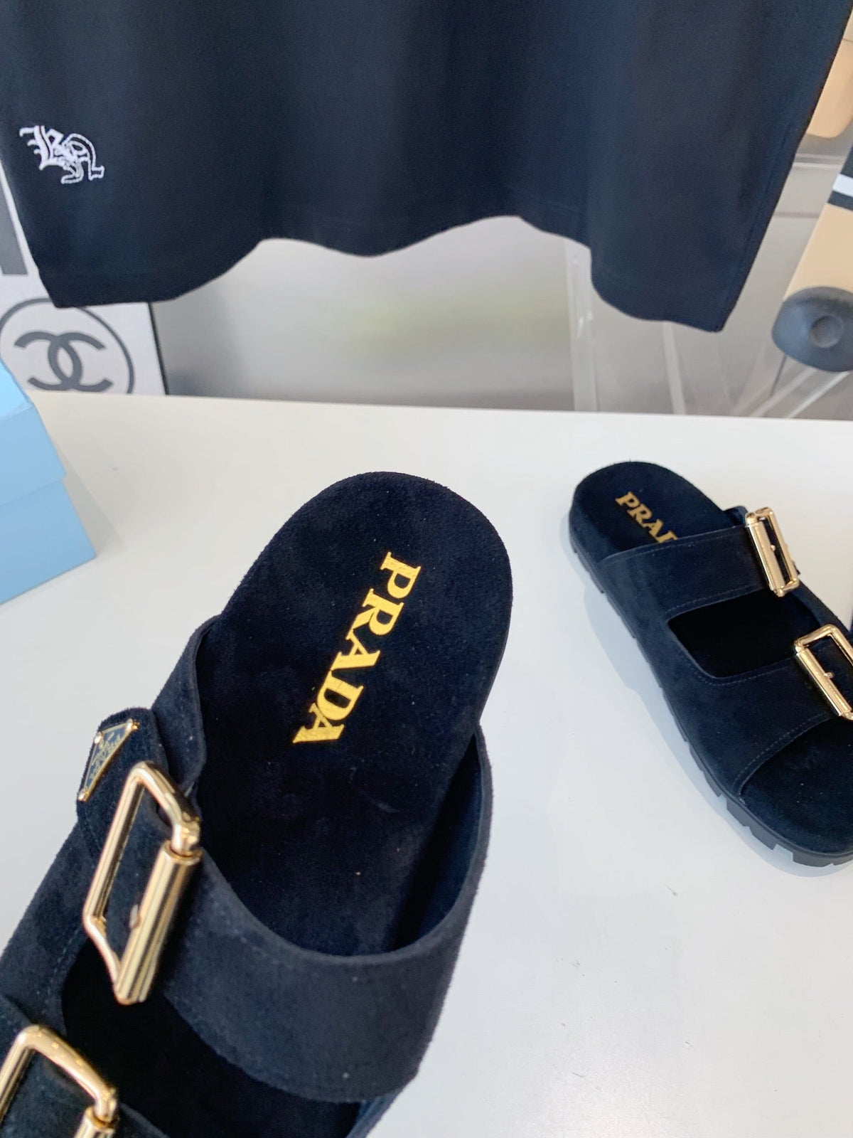PRA STRAP SLIDES SANDALS BLACK SUEDE