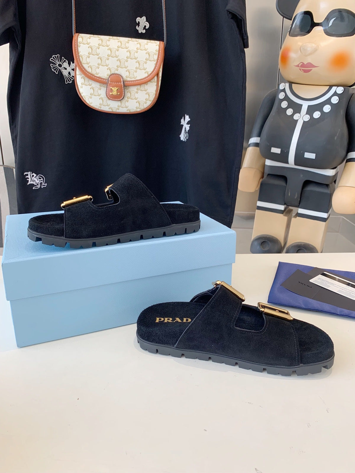 PRA STRAP SLIDES SANDALS BLACK SUEDE