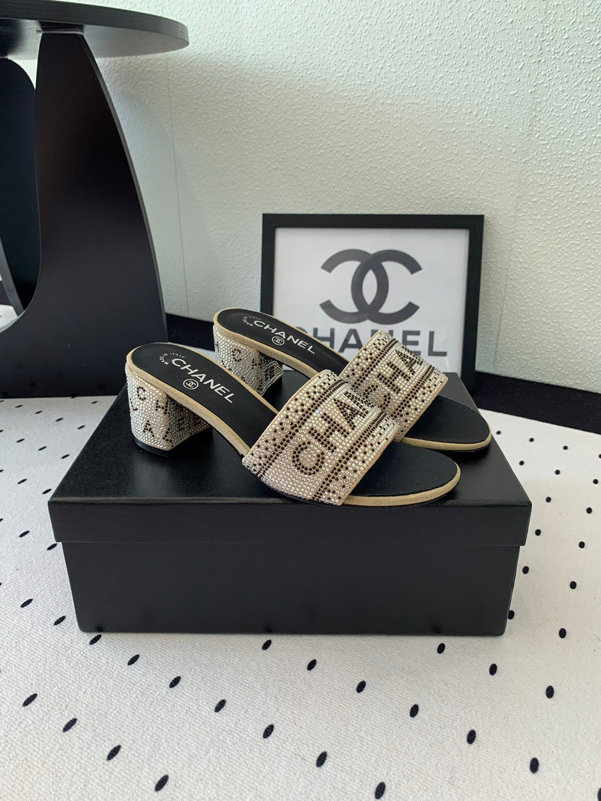 RHINESTONE LETTER HIGH HEELS CARAMEL BROWN AND BLACK LAMBSKIN