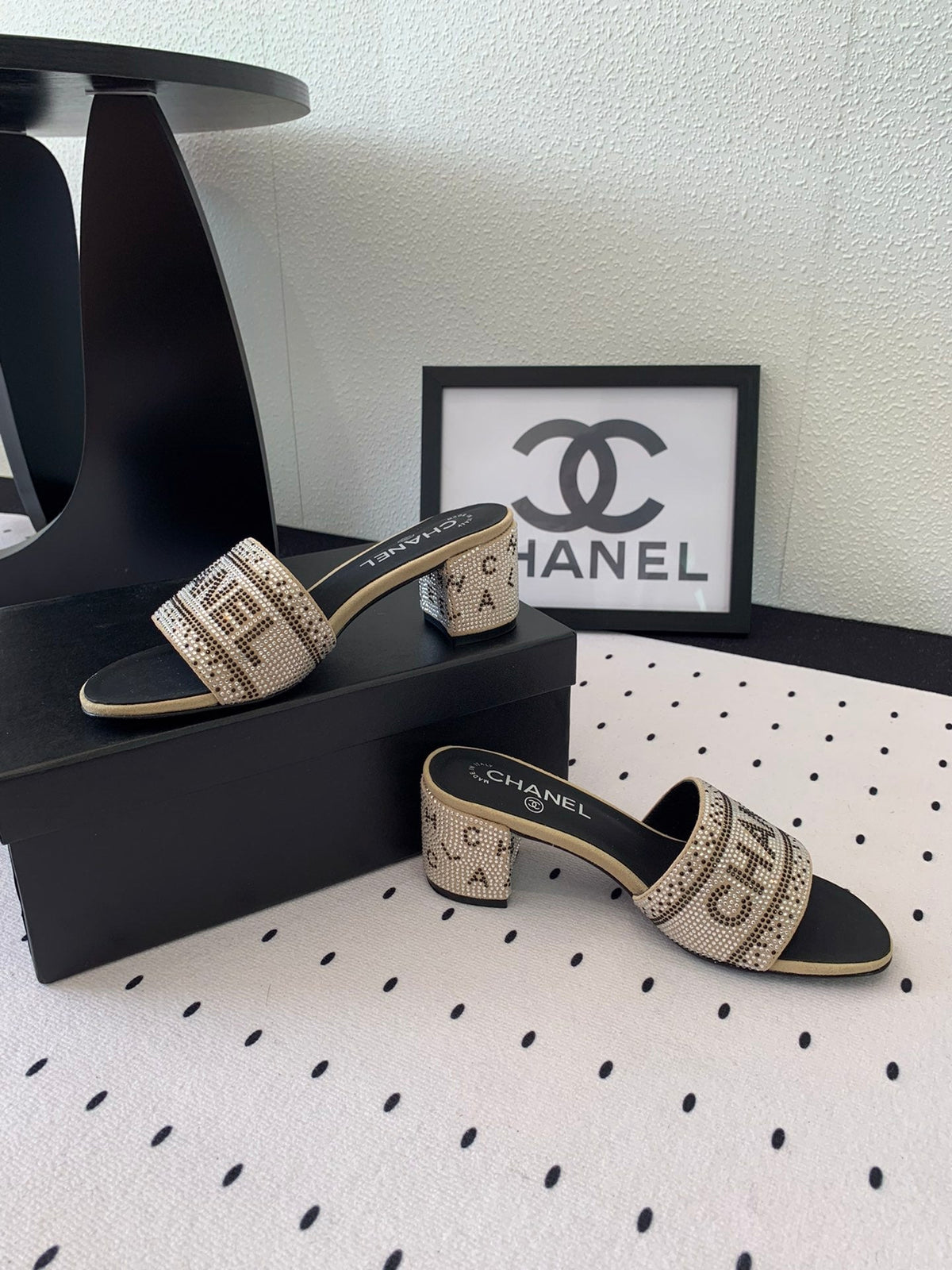 RHINESTONE LETTER HIGH HEELS CARAMEL BROWN AND BLACK LAMBSKIN