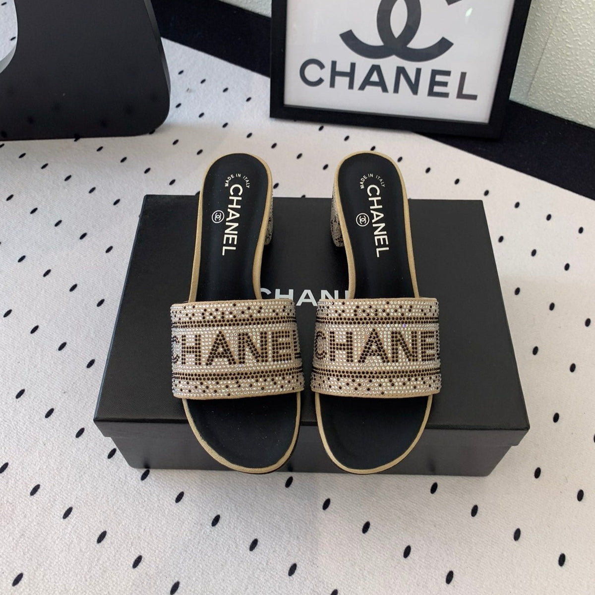 RHINESTONE LETTER HIGH HEELS CARAMEL BROWN AND BLACK LAMBSKIN