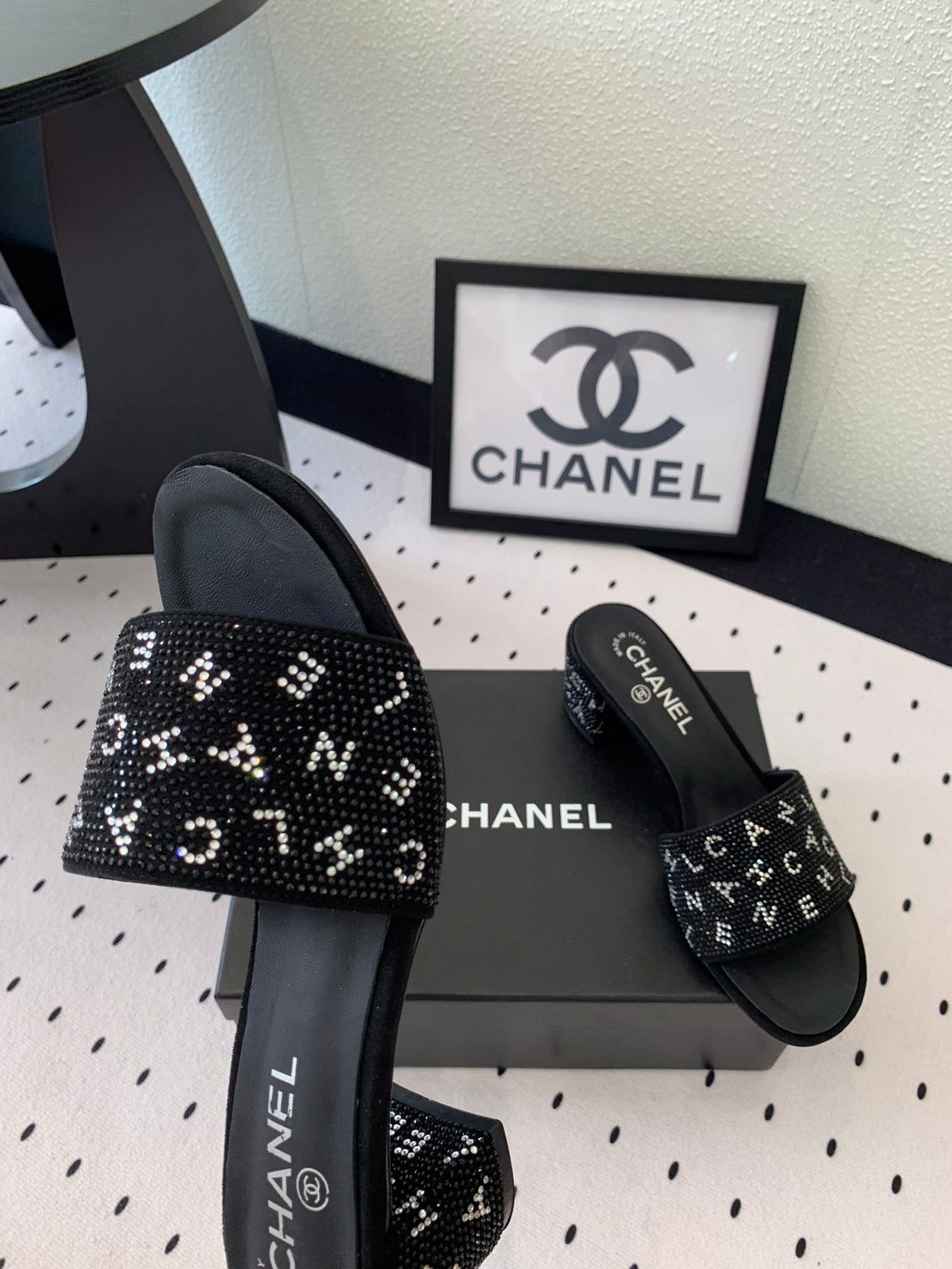 RHINESTONE LETTER HIGH HEELS BLACK LAMBSKIN