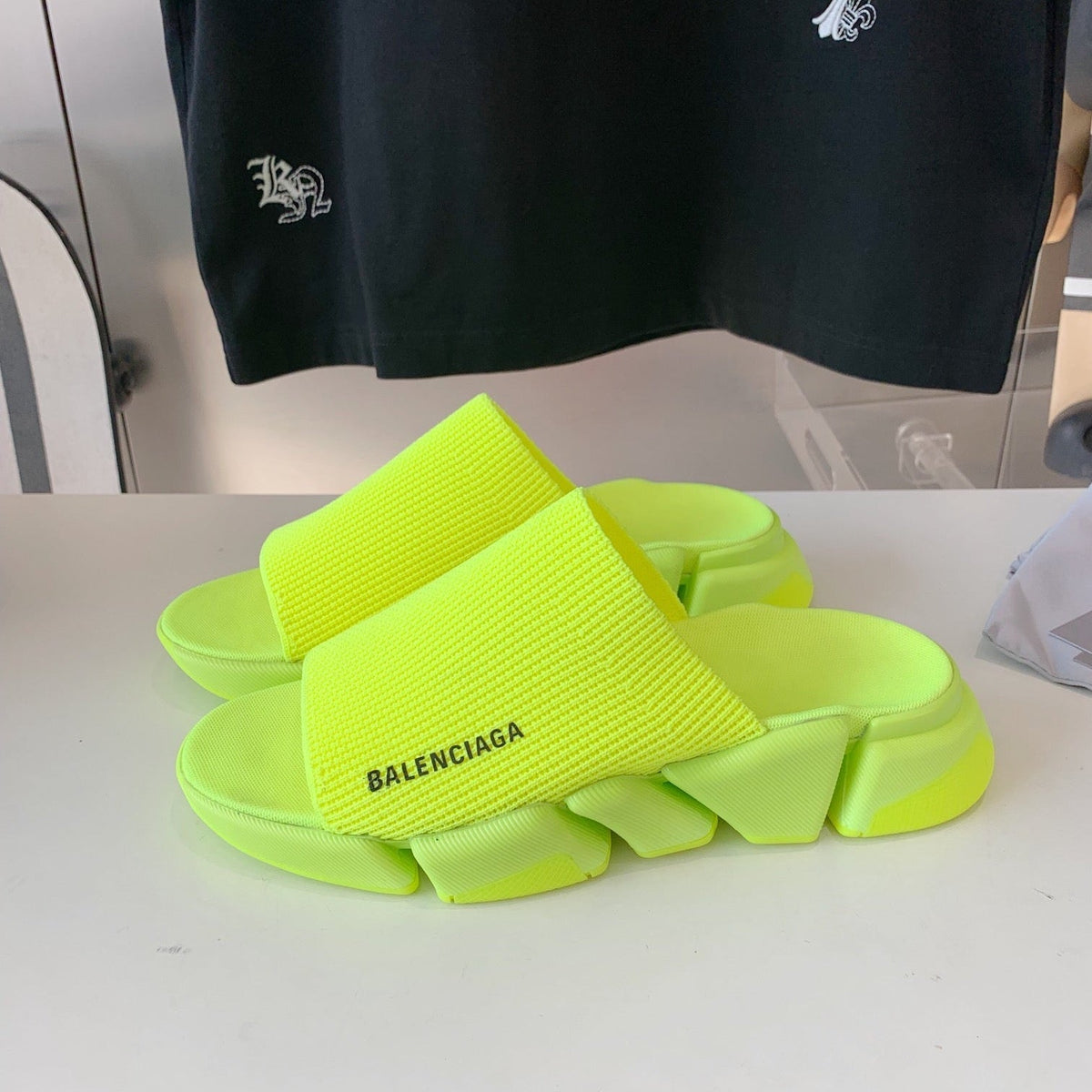 SPEED 2.0 SLIDE SANDAL IN NEON GREEN RECYCLED KNIT