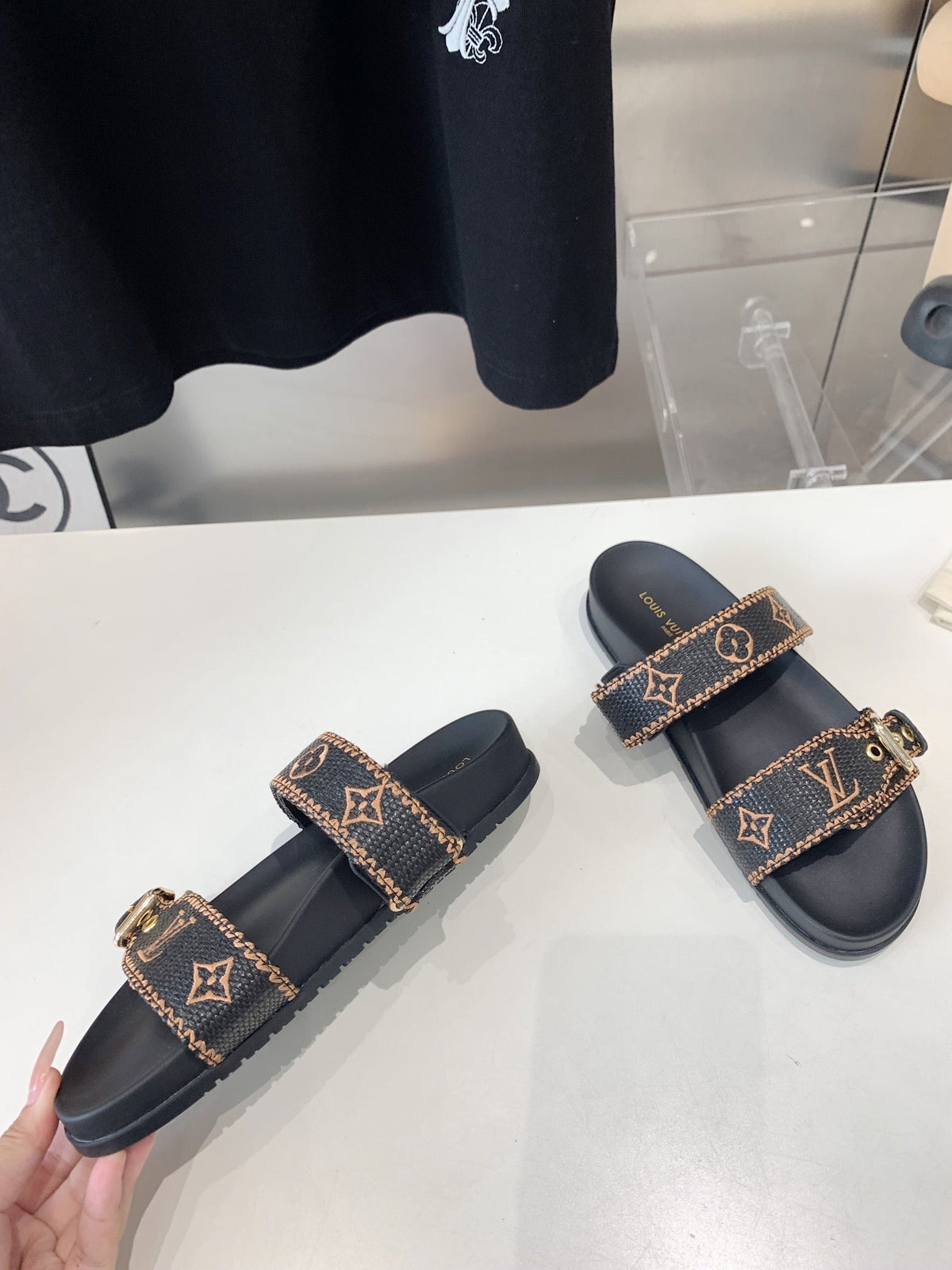 LV WOMEN SUNSET DAD SANDAL IN BLACK MONOGRAM FABRIC MULE