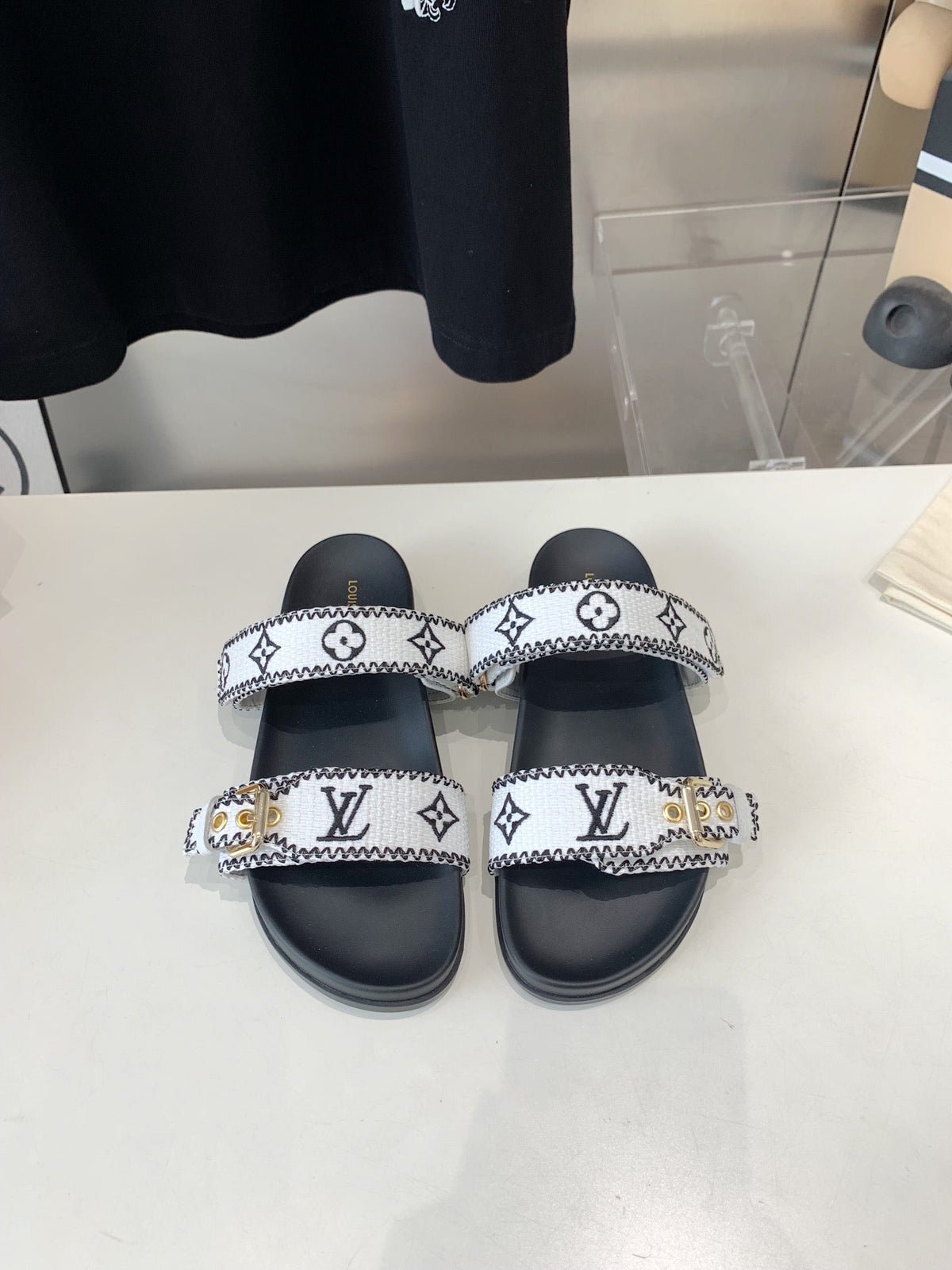 LV WOMEN SUNSET DAD SANDAL IN WHITE MIX BLACK MONOGRAM FABRIC MULE