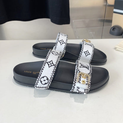 LV WOMEN SUNSET DAD SANDAL IN WHITE MIX BLACK MONOGRAM FABRIC MULE