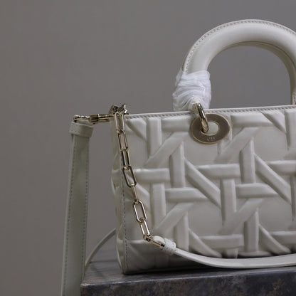 LADY D-JOY BAG 26 IN WHITE GRAPHIC CANNAGE CALFSKIN PALE GOLD-FINISH METAL CHARMS