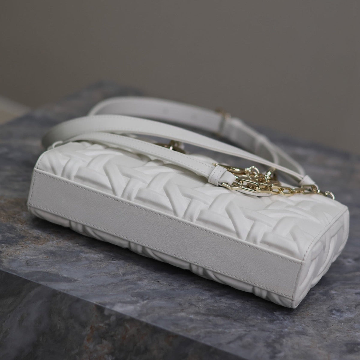 LADY D-JOY BAG 26 IN WHITE GRAPHIC CANNAGE CALFSKIN PALE GOLD-FINISH METAL CHARMS