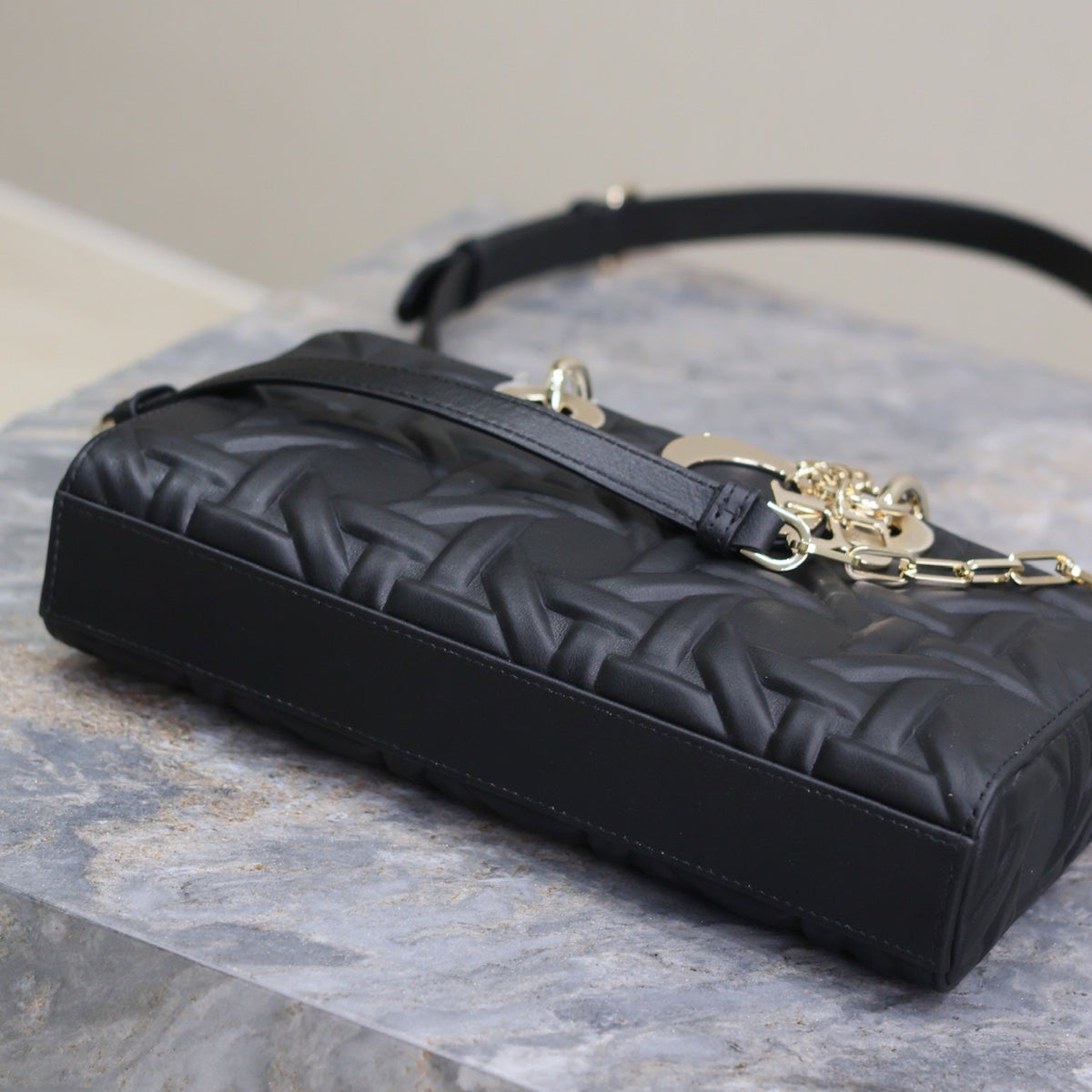LADY D-JOY BAG 26 IN BLACK GRAPHIC CANNAGE CALFSKIN PALE GOLD-FINISH METAL CHARMS