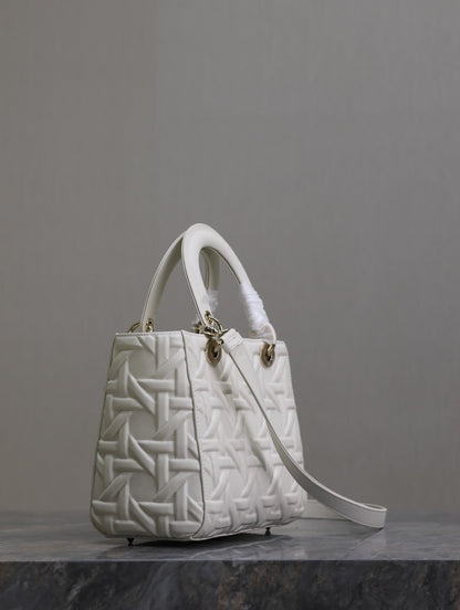 LADY BAG 24 IN WHITE GRAPHIC CANNAGE CALFSKIN PALE GOLD-FINISH METAL CHARMS
